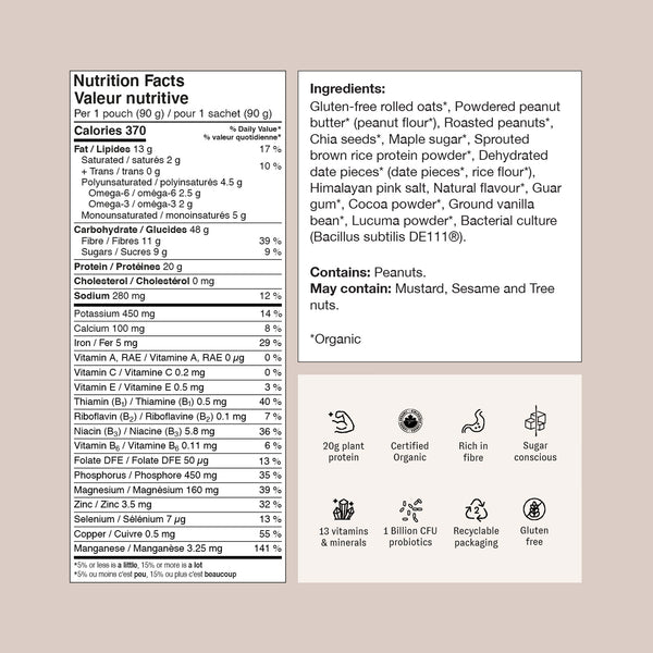 Serving Size: 1 pouch (90 g).
Calories: 370.
Total Fat/Lipides : 13 g (17% Daily Value), including:
Saturated Fat: 2 g (10% DV).
Trans Fat: 0 g.
Polyunsaturated Fat: 4.5 g (with 2.5 g Omega-6 and 2 g Omega-3).
Monounsaturated Fat: 5 g.
Carbohydrates/Glucides : 48 g, including:
Fibre: 11 g (39% DV).
Sugars: 9 g (9% DV).
Protein / Protéines: 20 g.
Cholesterol / Cholestérol: 0 mg.
Sodium: 280 mg (12% DV).
Potassium: 450 mg (14% DV).
Calcium: 100 mg (8% DV).
Iron / Fer: 5 mg (29% DV).