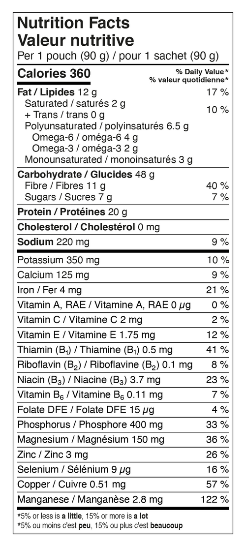 Calories : 360
Fat/Lipides : 12 g
Carbohydrates/Glucides : 48 g
Protein/Protéines : 20 g
Cholesterol/Cholestrérol : 0 mg
Sodium: 220 mg
