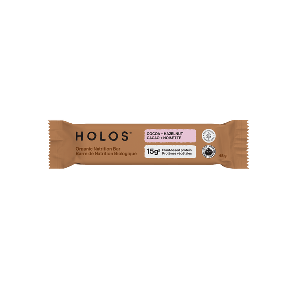 HOLOS cocoa+hazelnut nutrition bar packaging